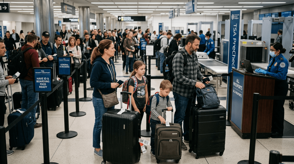 Travelers with luggage waiting in line at TSA PreCheck security screening in airport