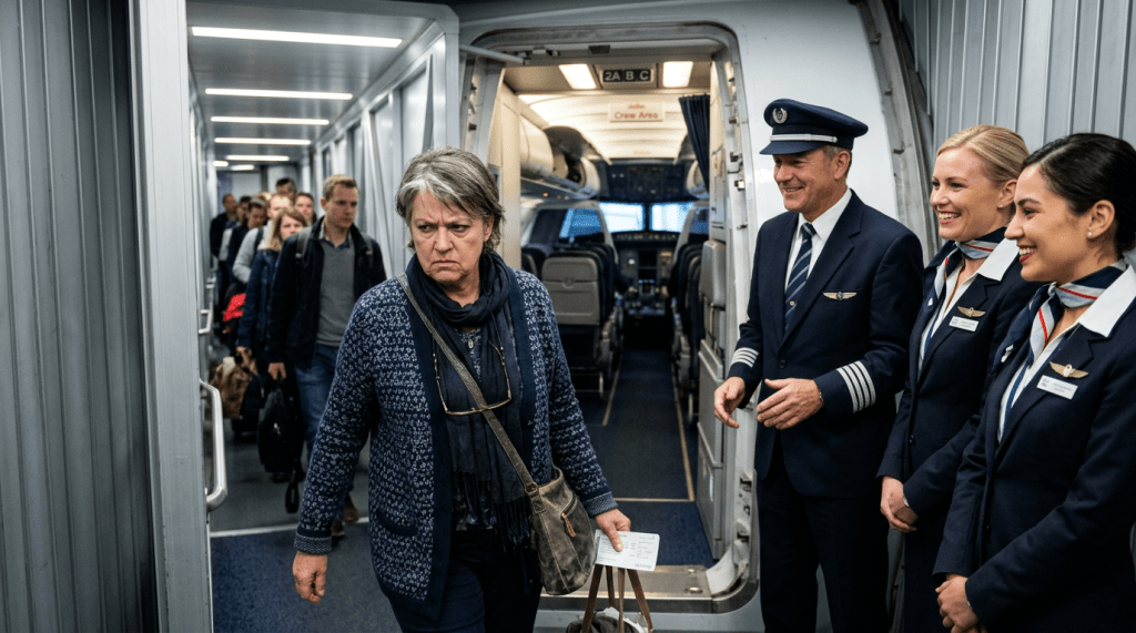 Serious woman passenger holding boarding pass walking past smiling airline pilot and two flight attendants