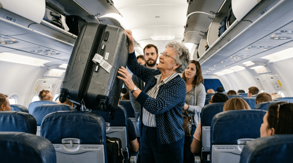 Elderly woman placing suitcase in airplane overhead bin while other passengers are seated or standing