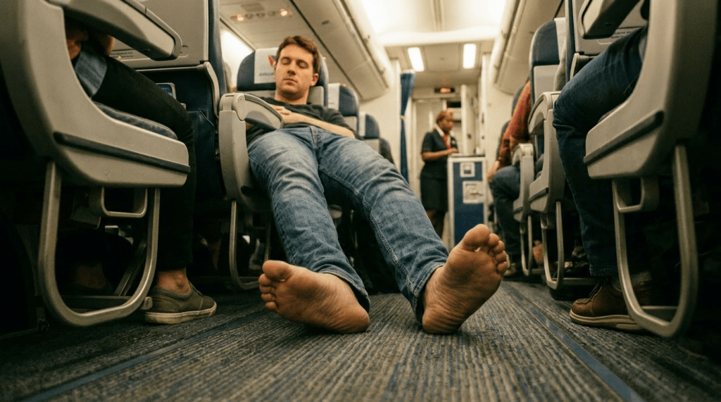 Man with one bare foot and one socked foot stretched out into airplane aisle
